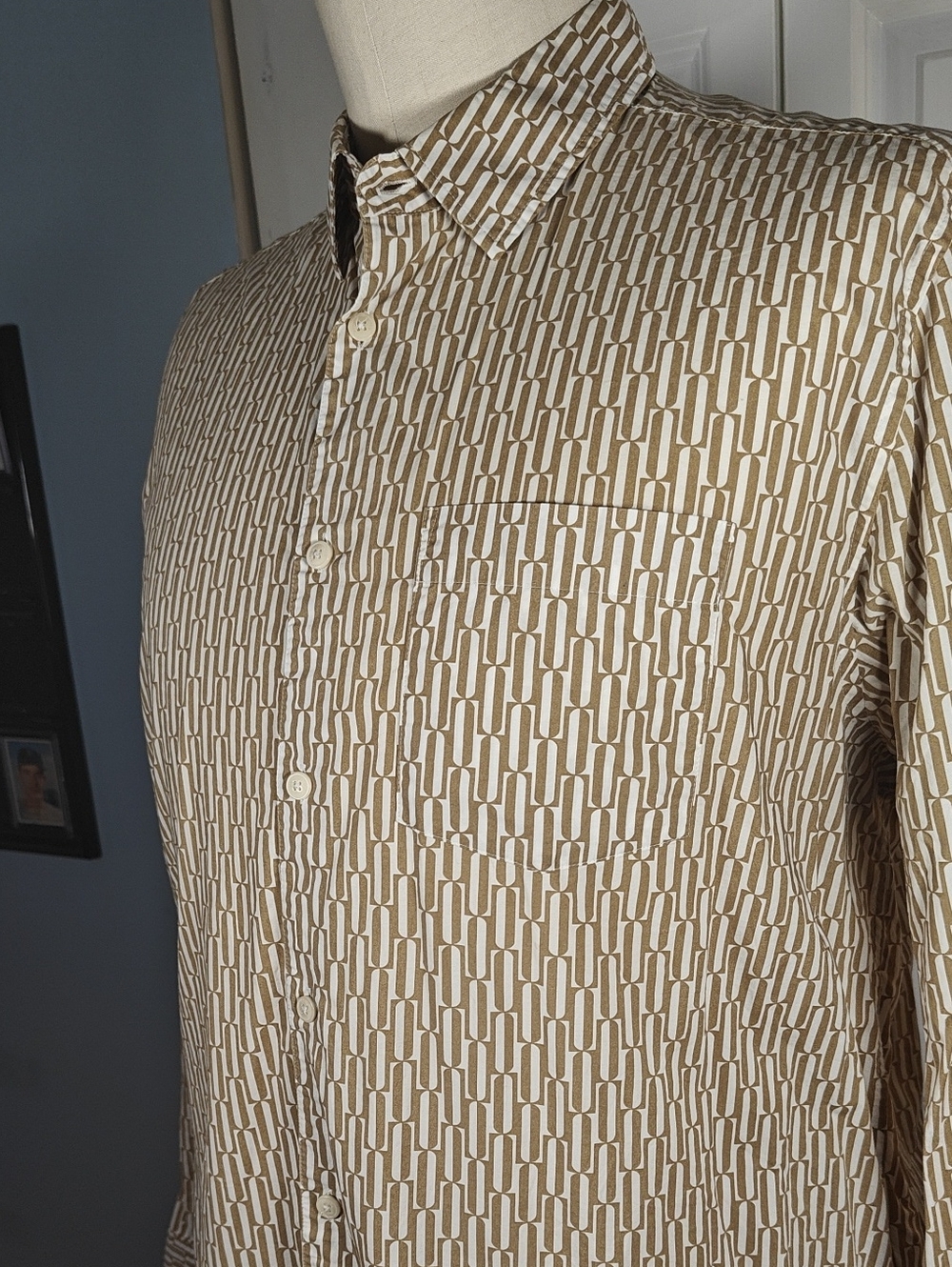 Ted Baker Men's Tan Geometric Print Long Sleeve Button Down Shirt Size 6 XXL